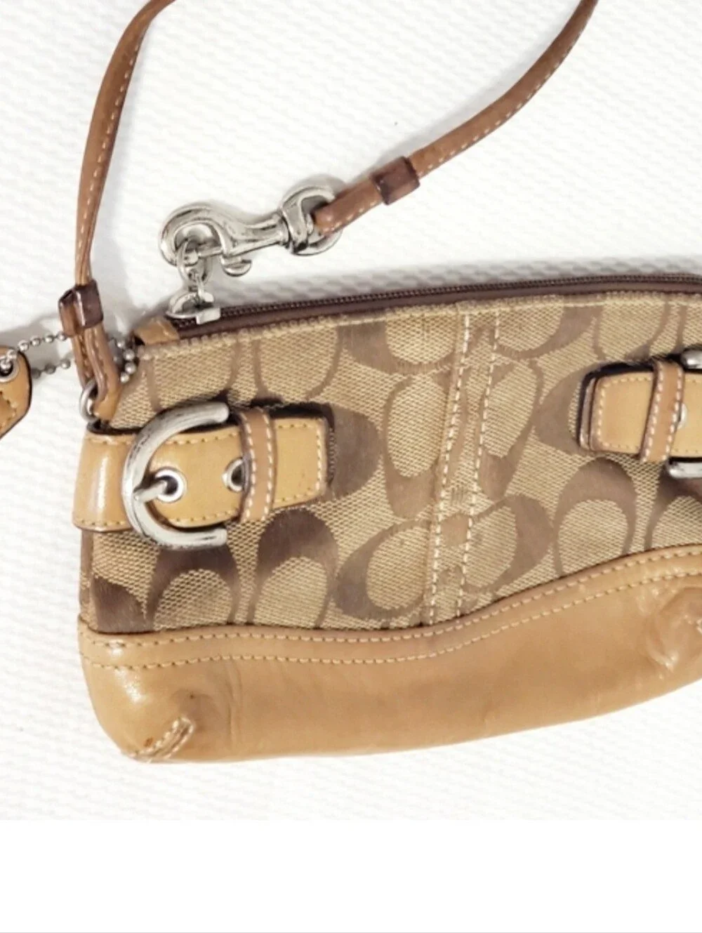 Coach Buckle Signature Canvas And Vachetta Leather Wristlet